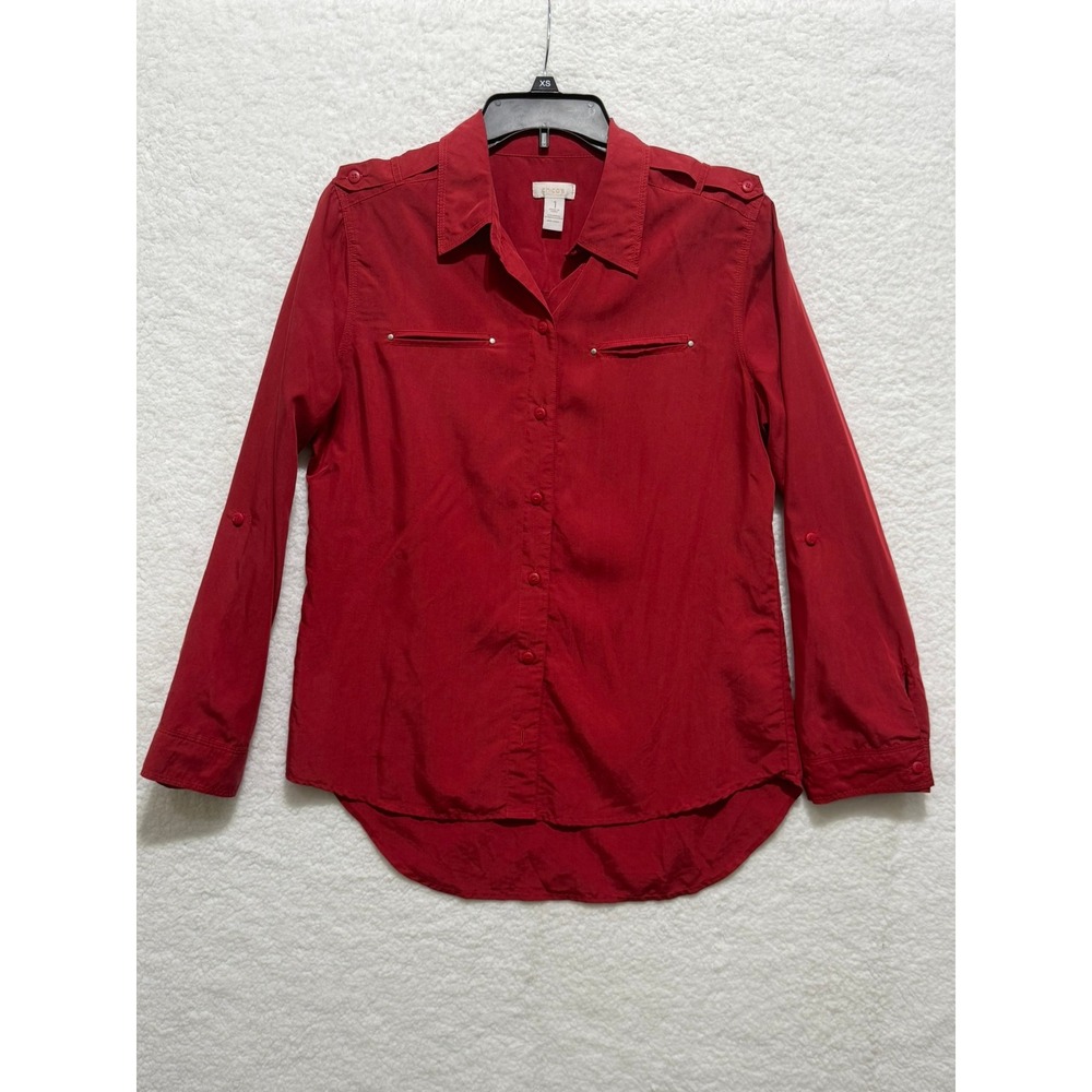 Chico's Red Button Down Long Sleeve Top‎ with Roll Tab Cuffs